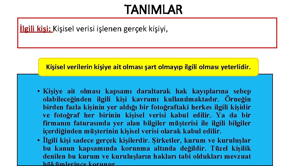 TANIMLAR İlgili kişi: Kişisel verisi işlenen gerçek kişiyi, Kişisel verilerin kişiye ait olması şart