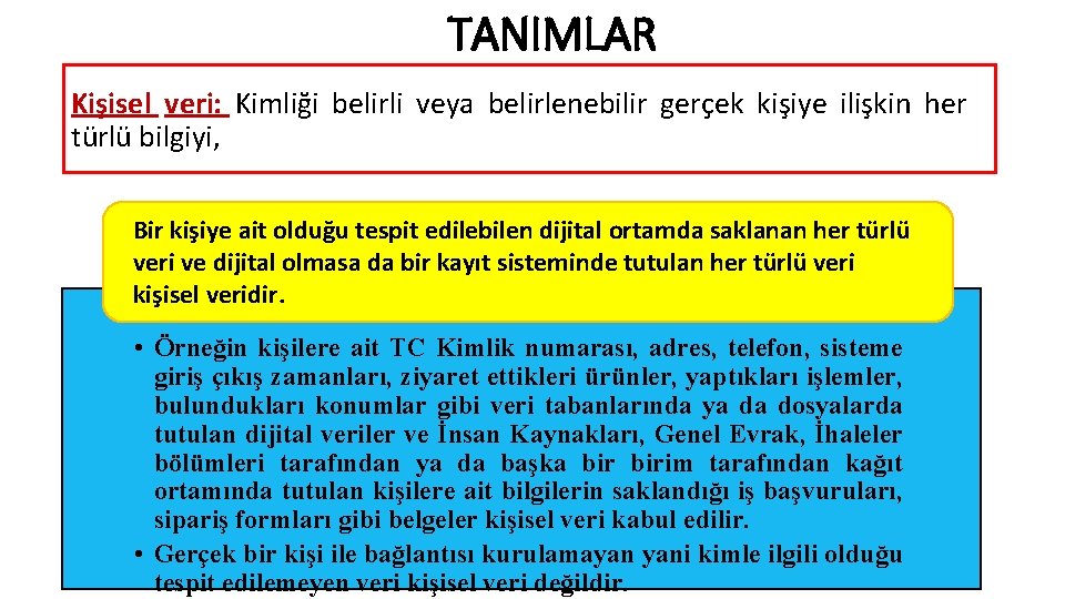 TANIMLAR Kişisel veri: Kimliği belirli veya belirlenebilir gerçek kişiye ilişkin her türlü bilgiyi, Bir