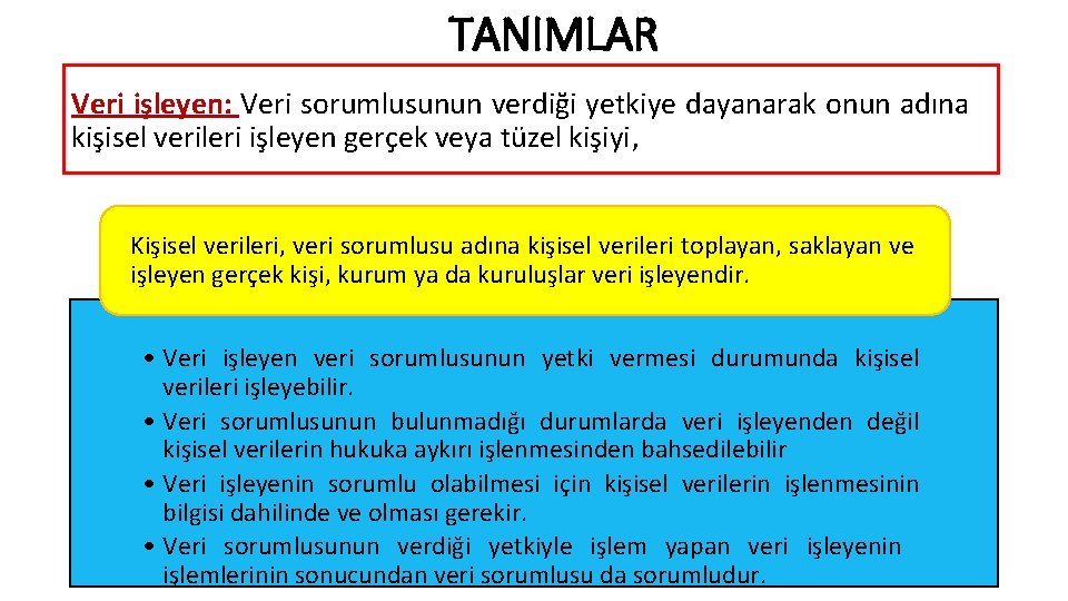 TANIMLAR Veri işleyen: Veri sorumlusunun verdiği yetkiye dayanarak onun adına kişisel verileri işleyen gerçek