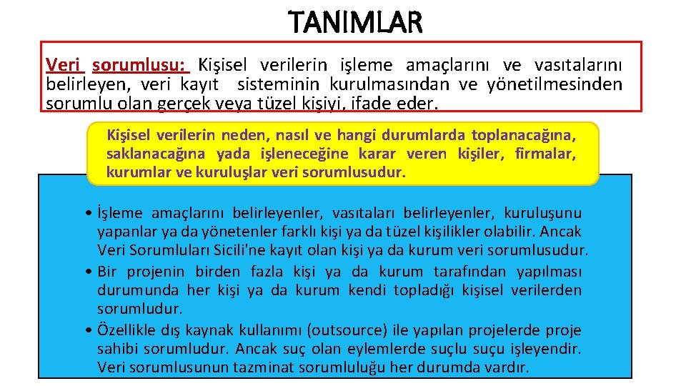 TANIMLAR Veri sorumlusu: Kişisel verilerin işleme amaçlarını ve vasıtalarını belirleyen, veri kayıt sisteminin kurulmasından