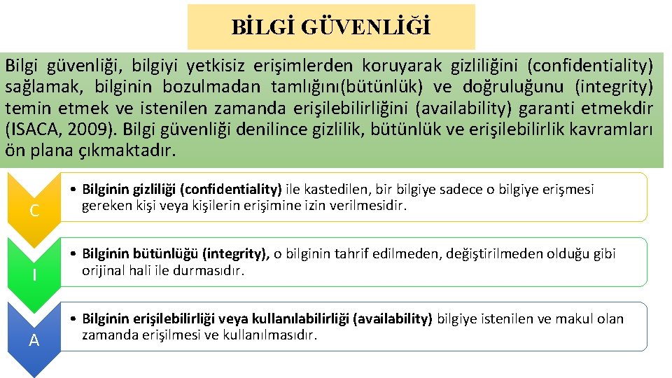 BİLGİ GÜVENLİĞİ Bilgi güvenliği, bilgiyi yetkisiz erişimlerden koruyarak gizliliğini (confidentiality) sağlamak, bilginin bozulmadan tamlığını(bütünlük)