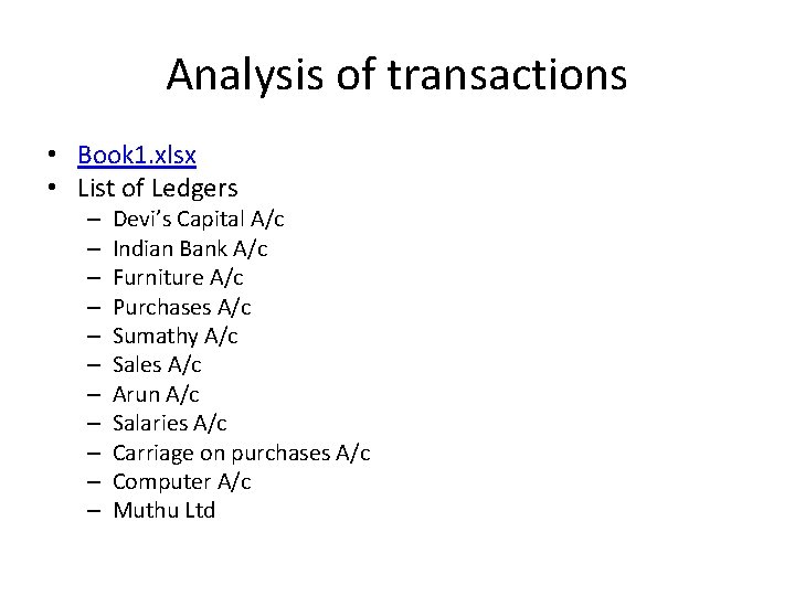 Analysis of transactions • Book 1. xlsx • List of Ledgers – – –