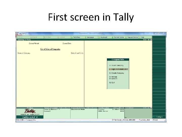 First screen in Tally 