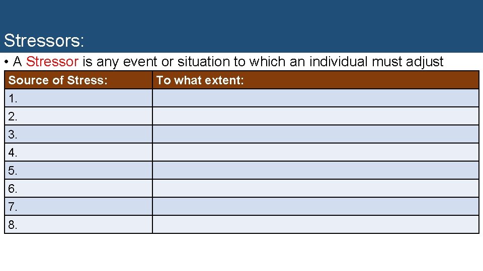 Stressors: • A Stressor is any event or situation to which an individual must