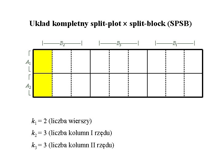 Układ kompletny split-plot split-block (SPSB) B 2 B 3 A 1 A 2 k