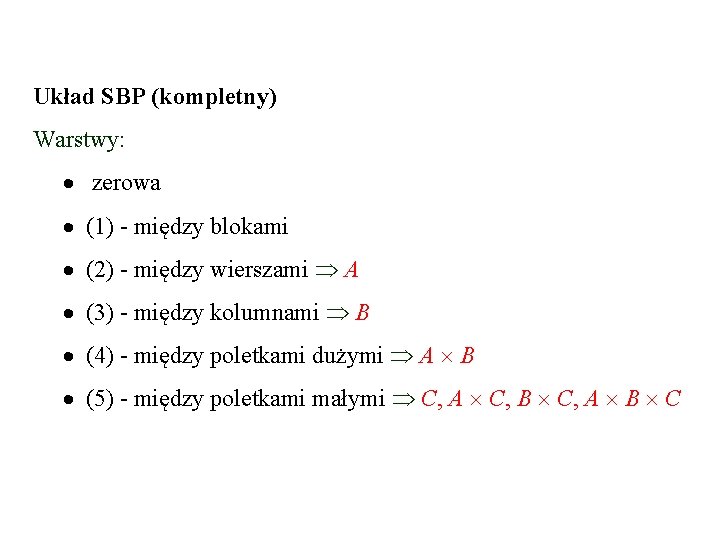 Układ SBP (kompletny) Warstwy: zerowa (1) - między blokami (2) - między wierszami A