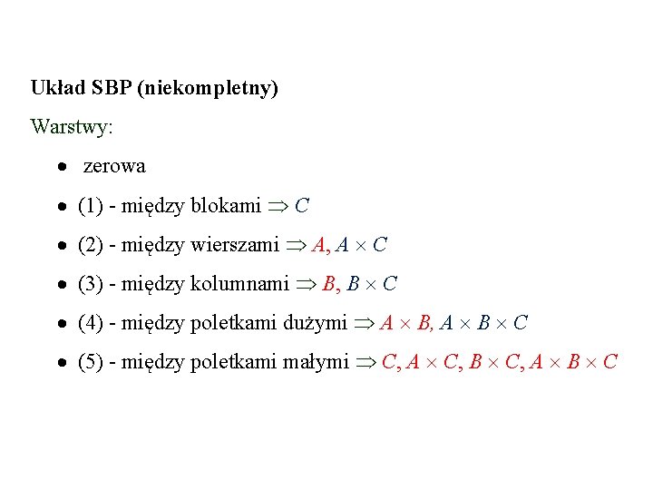 Układ SBP (niekompletny) Warstwy: zerowa (1) - między blokami C (2) - między wierszami
