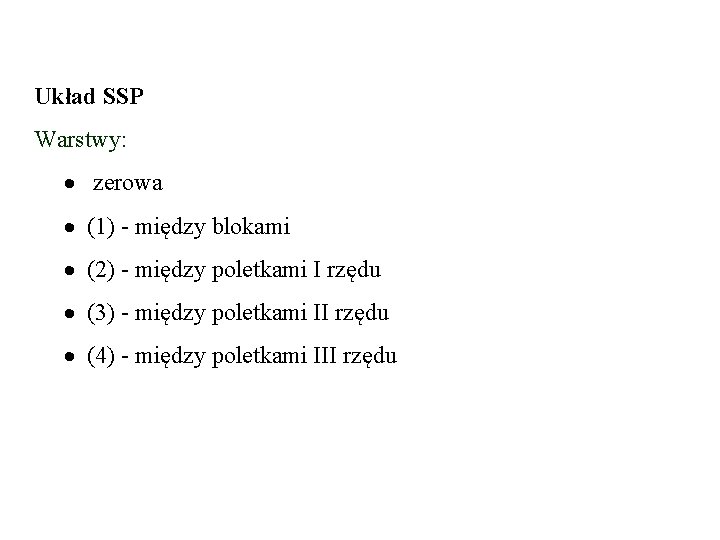 Układ SSP Warstwy: zerowa (1) - między blokami (2) - między poletkami I rzędu