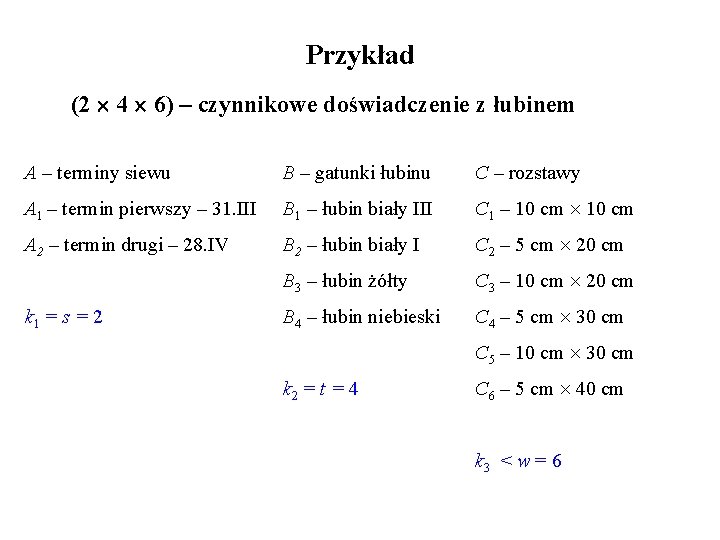 Przykład (2 4 6) – czynnikowe doświadczenie z łubinem A – terminy siewu B