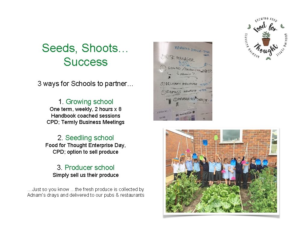 Seeds, Shoots… Success 3 ways for Schools to partner… 1. Growing school One term,