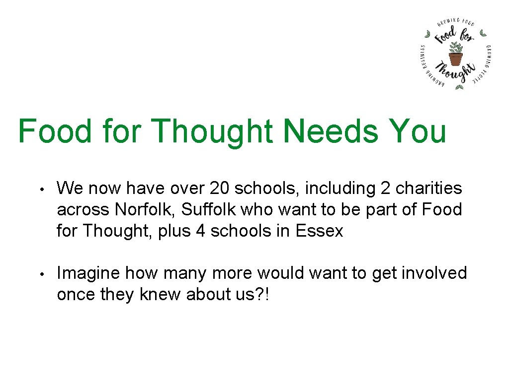 Food for Thought Needs You • We now have over 20 schools, including 2