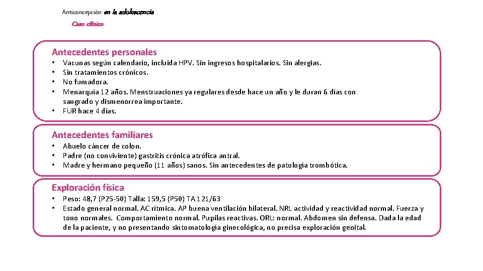 Anticoncepción en la adolescencia Caso clínico Antecedentes personales • • • Vacunas según calendario,