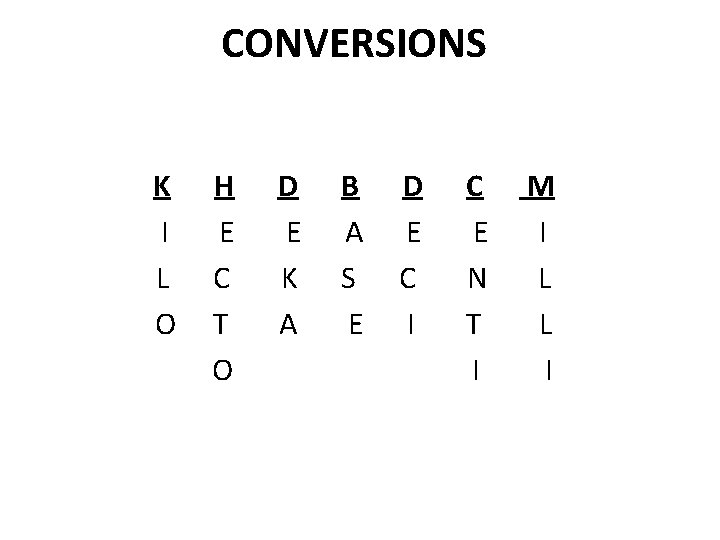 CONVERSIONS K I L O H E C T O D E K A