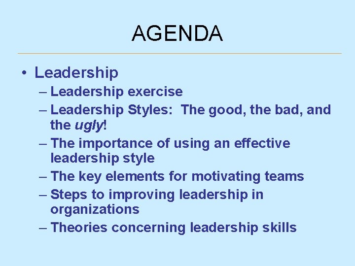 AGENDA • Leadership – Leadership exercise – Leadership Styles: The good, the bad, and
