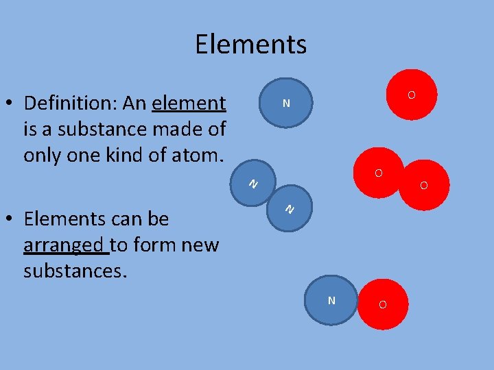 Elements • Definition: An element is a substance made of only one kind of