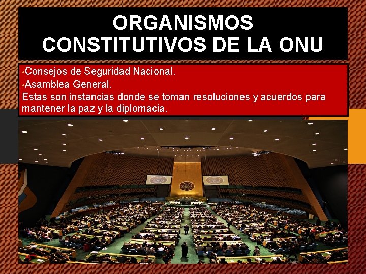 ORGANISMOS CONSTITUTIVOS DE LA ONU • Consejos de Seguridad Nacional. • Asamblea General. Estas