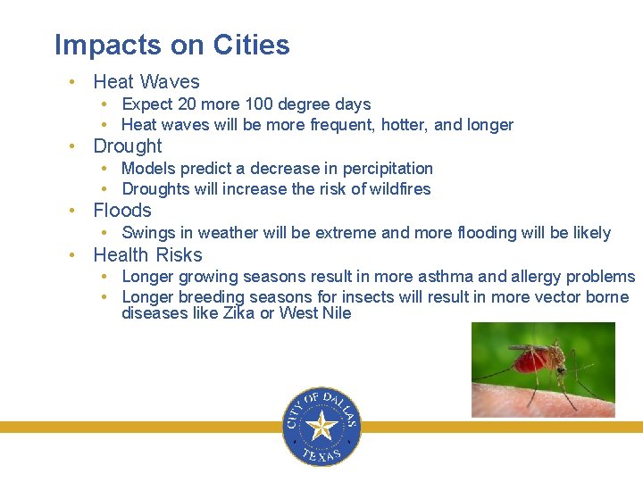 Impacts on Cities • Heat Waves • Expect 20 more 100 degree days •