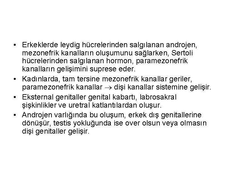  • Erkeklerde leydig hücrelerinden salgılanan androjen, mezonefrik kanalların oluşumunu sağlarken, Sertoli hücrelerinden salgılanan