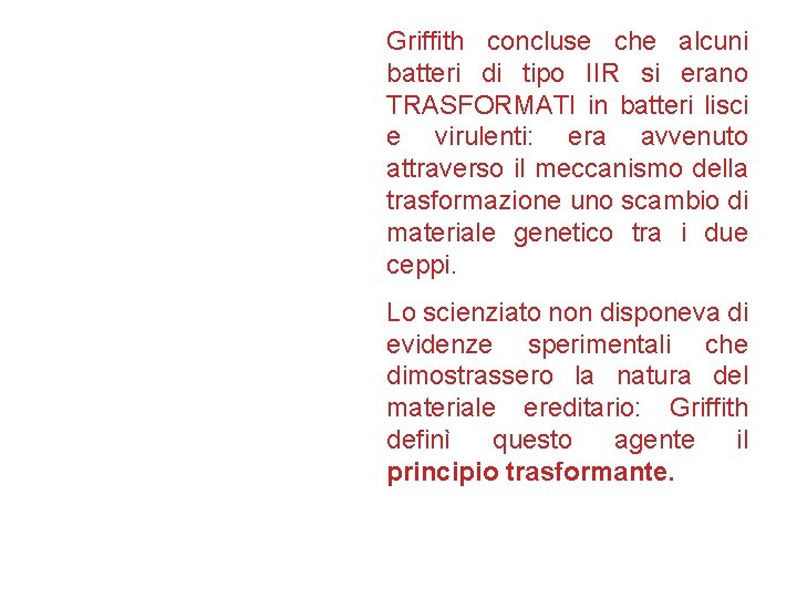 Griffith concluse che alcuni batteri di tipo IIR si erano TRASFORMATI in batteri lisci