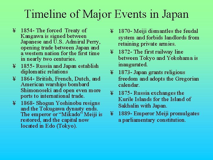 Timeline of Major Events in Japan ¥ 1854 - The forced Treaty of Kangawa