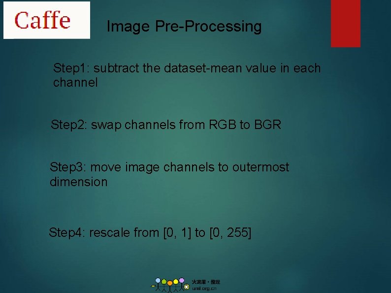 Image Pre-Processing Step 1: subtract the dataset-mean value in each channel Step 2: swap
