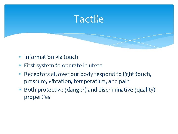 Tactile Information via touch First system to operate in utero Receptors all over our