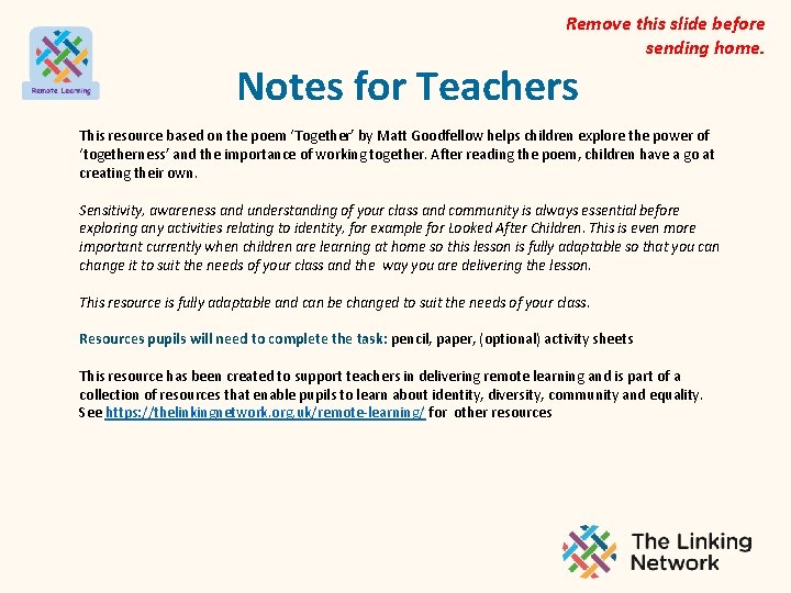 Remove this slide before sending home. Notes for Teachers This resource based on the