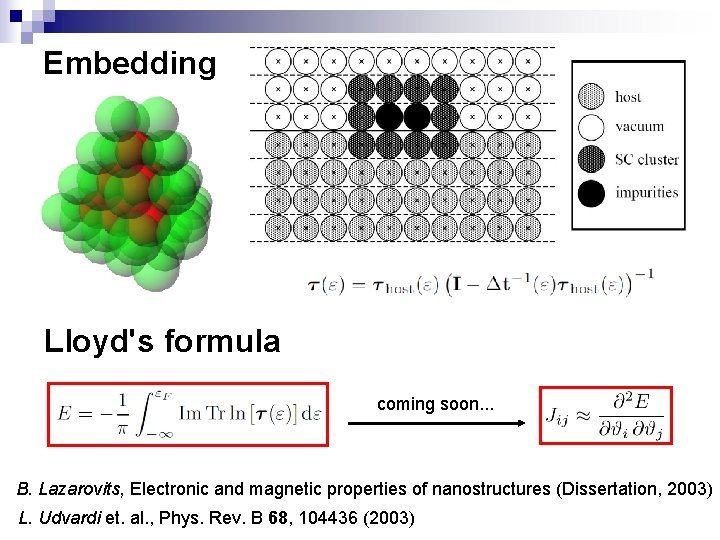 Embedding Lloyd's formula coming soon. . . B. Lazarovits, Electronic and magnetic properties of