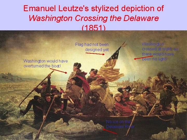 Emanuel Leutze's stylized depiction of Washington Crossing the Delaware (1851) Flag had not been