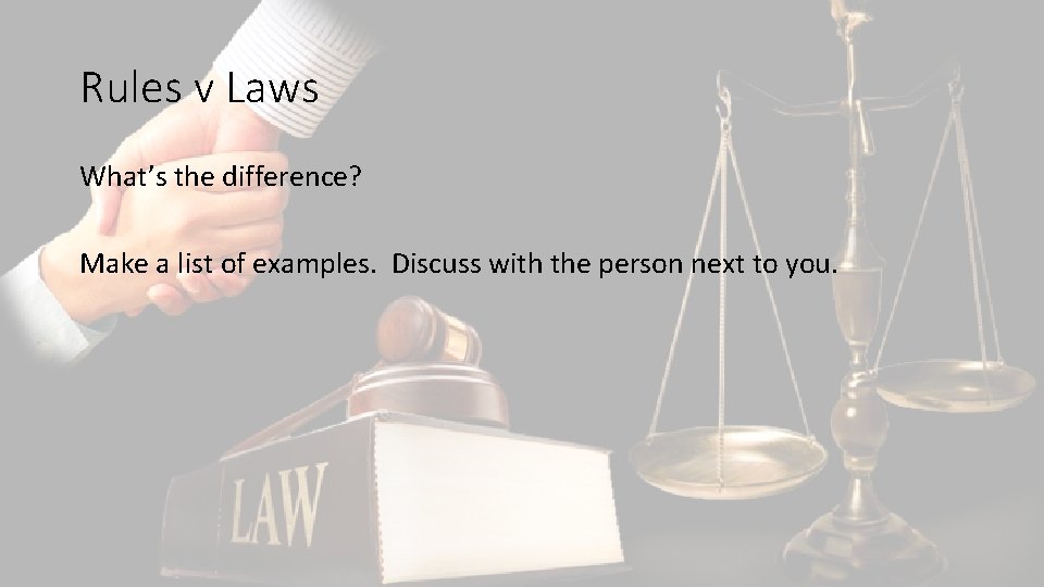 Rules v Laws What’s the difference? Make a list of examples. Discuss with the
