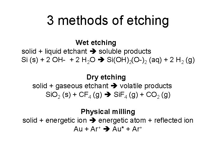 3 methods of etching Wet etching solid + liquid etchant soluble products Si (s) 3 methods of etching Wet etching solid + liquid etchant soluble products Si (s)