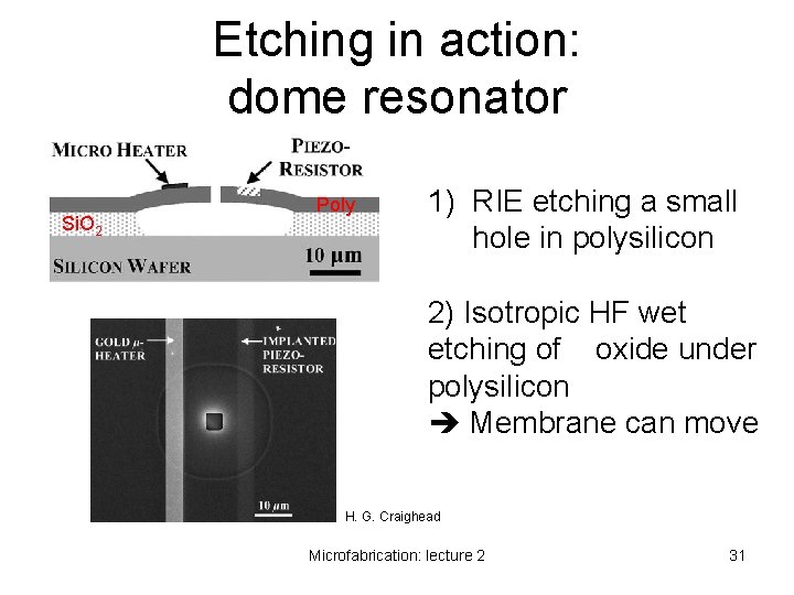 Etching in action: dome resonator Si. O 2 Poly 1) RIE etching a small Etching in action: dome resonator Si. O 2 Poly 1) RIE etching a small