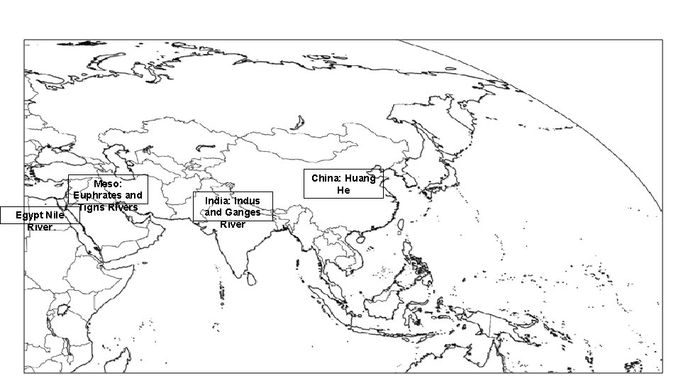 Egypt Nile River Meso: Euphrates and Tigris Rivers India: Indus and Ganges River China: