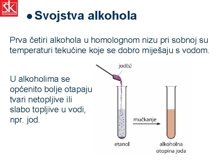 l Svojstva alkohola Prva četiri alkohola u homolognom nizu pri sobnoj su temperaturi tekućine