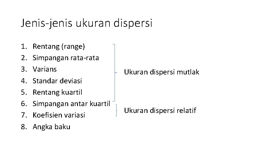 Jenis-jenis ukuran dispersi 1. 2. 3. 4. 5. 6. 7. 8. Rentang (range) Simpangan