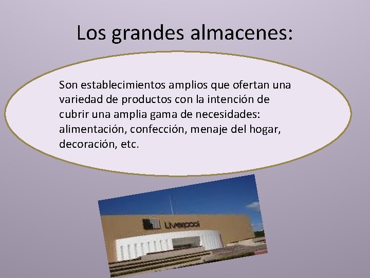 Los grandes almacenes: Son establecimientos amplios que ofertan una variedad de productos con la