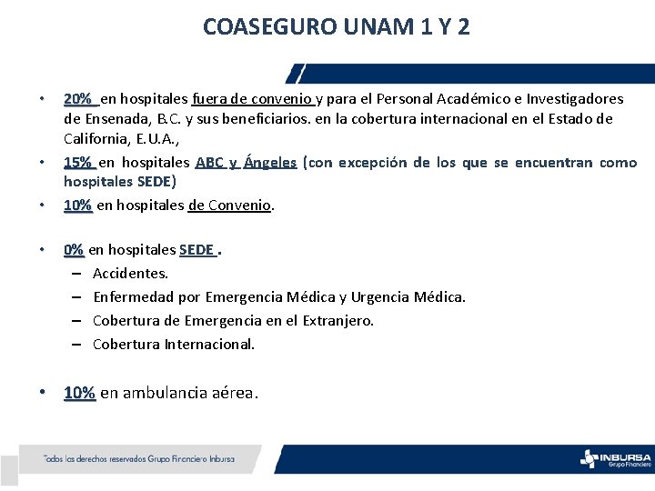 COASEGURO UNAM 1 Y 2 • • 20% en hospitales fuera de convenio y