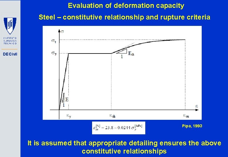 Evaluation of deformation capacity Steel – constitutive relationship and rupture criteria DECivil Pipa, 1993