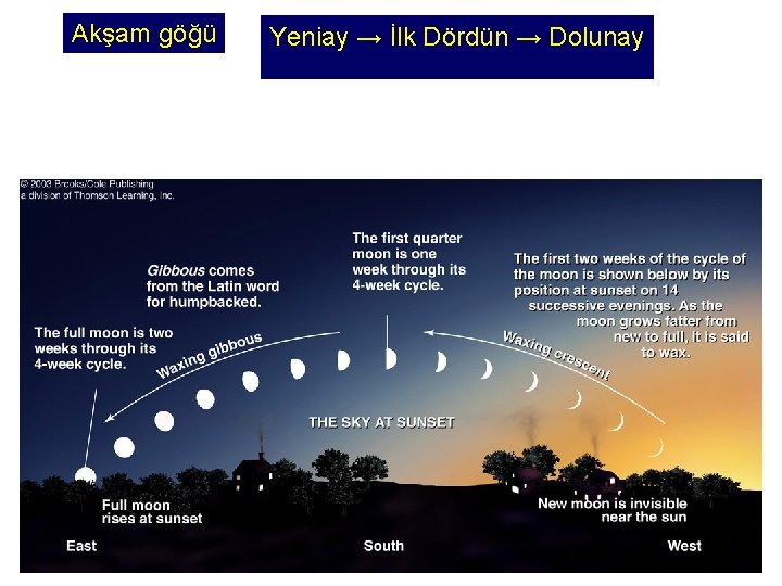 Akşam göğü Yeniay → İlk Dördün → Dolunay 