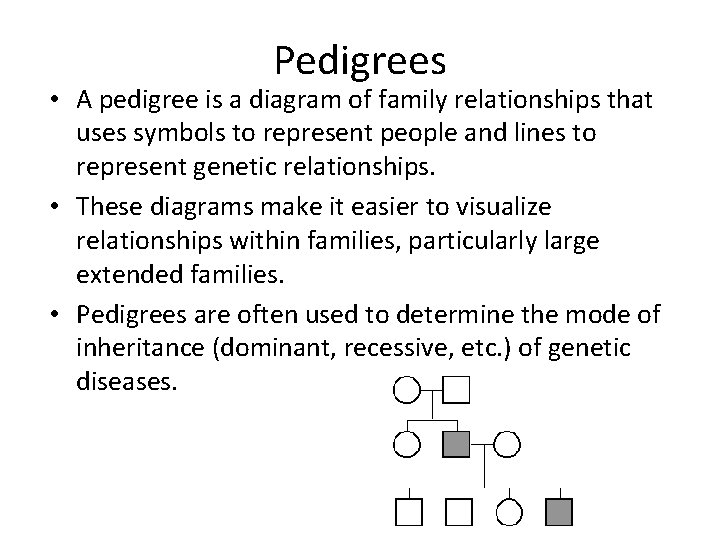 Pedigrees • A pedigree is a diagram of family relationships that uses symbols to