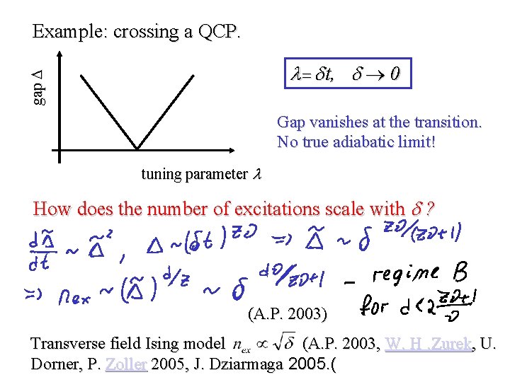 Example: crossing a QCP. gap t, 0 Gap vanishes at the transition. No true