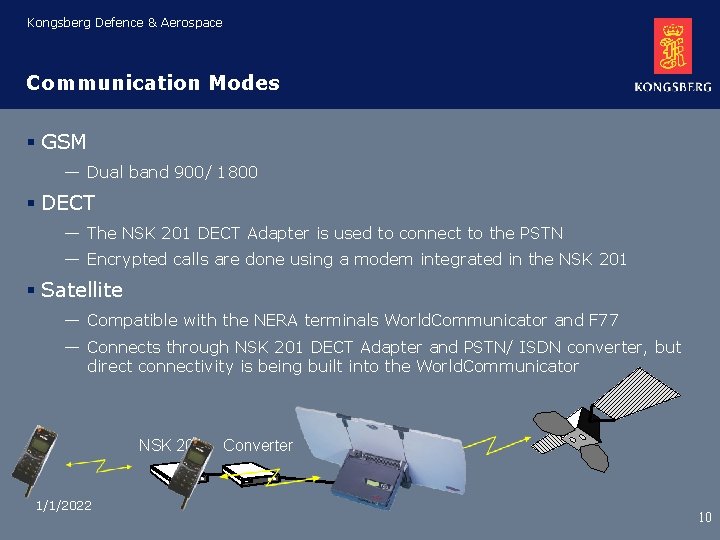 Kongsberg Defence & Aerospace Communication Modes § GSM — Dual band 900/ 1800 § Kongsberg Defence & Aerospace Communication Modes § GSM — Dual band 900/ 1800 §