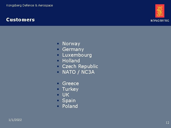 Kongsberg Defence & Aerospace Customers 1/1/2022 § § § Norway Germany Luxembourg Holland Czech Kongsberg Defence & Aerospace Customers 1/1/2022 § § § Norway Germany Luxembourg Holland Czech