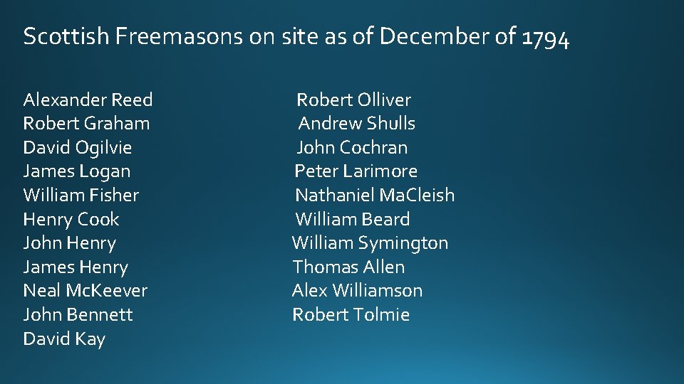 Scottish Freemasons on site as of December of 1794 Alexander Reed Robert Graham David