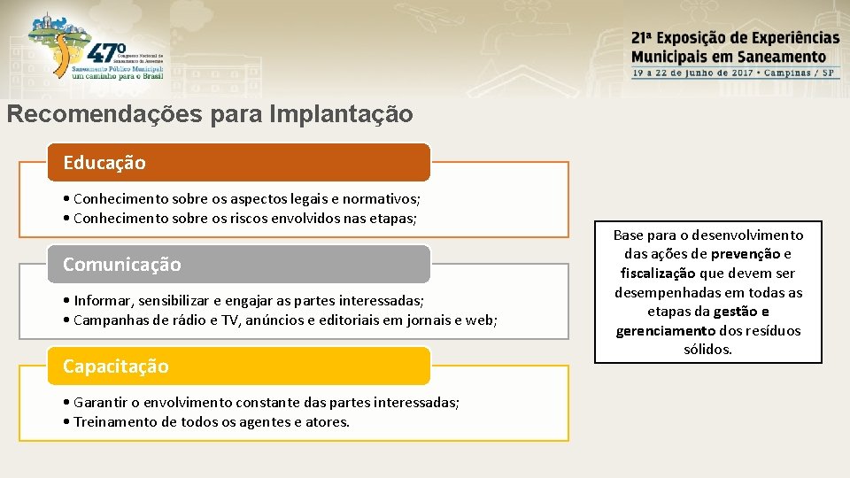 Recomendações para Implantação Educação • Conhecimento sobre os aspectos legais e normativos; • Conhecimento