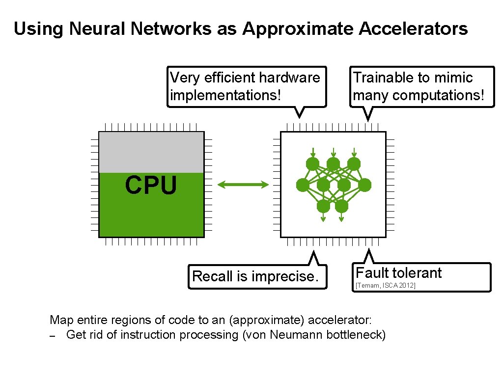 Using Neural Networks as Approximate Accelerators Very efficient hardware implementations! Trainable to mimic many