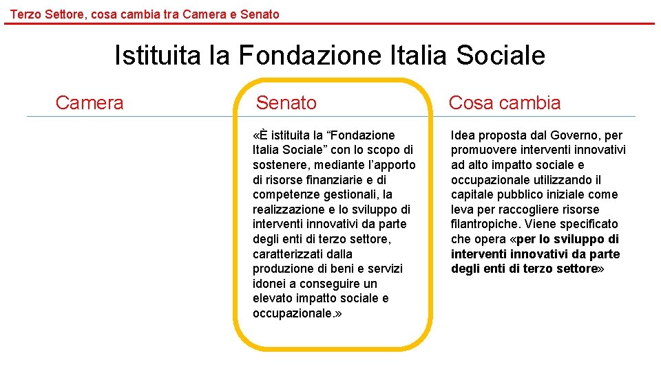 Terzo Settore, cosa cambia tra Camera e Senato Istituita la Fondazione Italia Sociale Camera