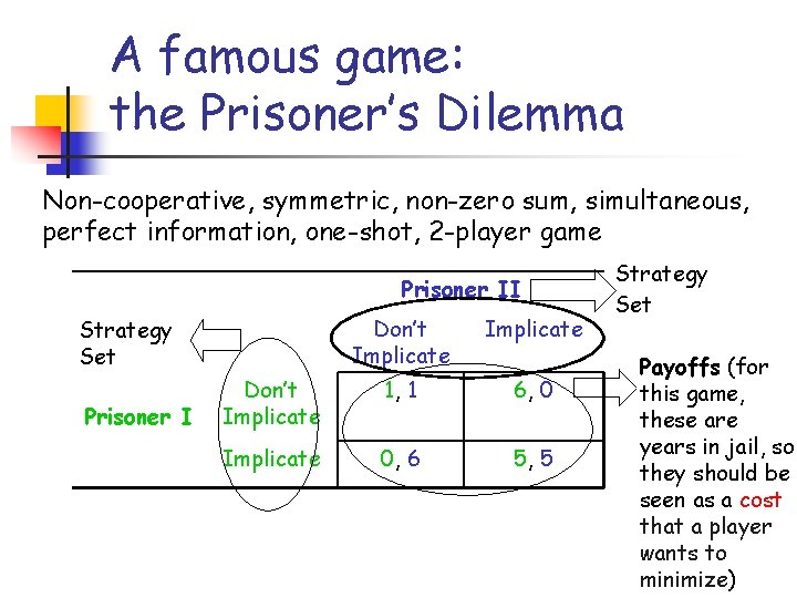 A famous game: the Prisoner’s Dilemma Non-cooperative, symmetric, non-zero sum, simultaneous, perfect information, one-shot,