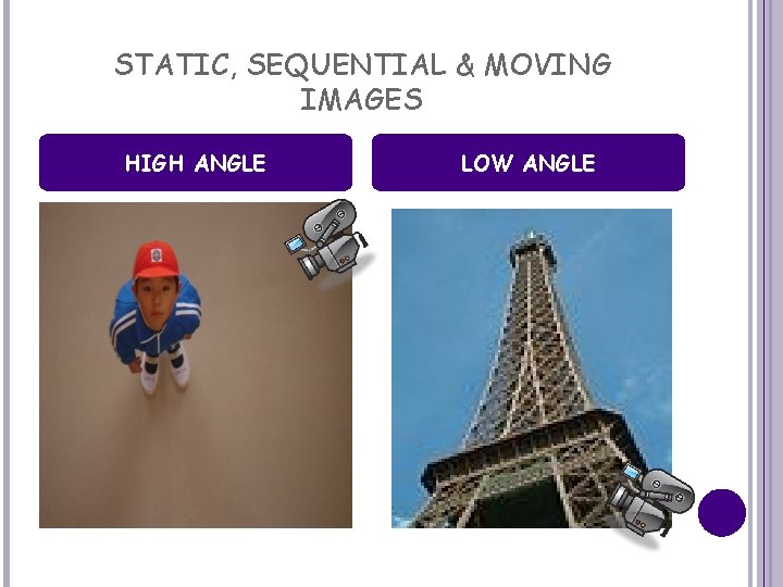 STATIC, SEQUENTIAL & MOVING IMAGES HIGH ANGLE LOW ANGLE 
