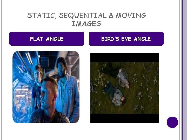 STATIC, SEQUENTIAL & MOVING IMAGES FLAT ANGLE BIRD’S EYE ANGLE 